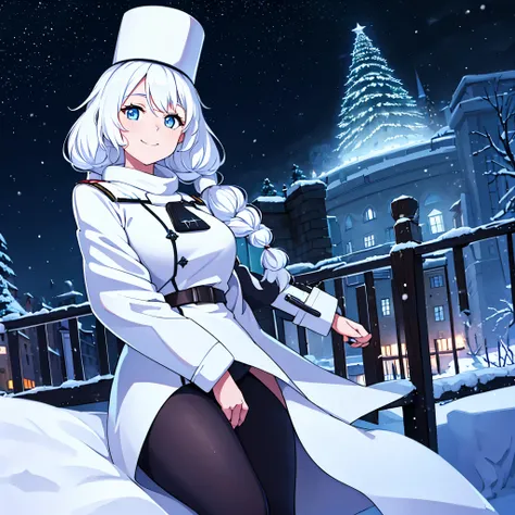 A woman wearing white winter clothing, imperial Russian military hat, white hair, pigtails, smiling, blue eyes, in a city with a winter climate, at night, illuminated,HDR, ultra resolution, well defined, masterpiece, 8K HD. (solo woman)
