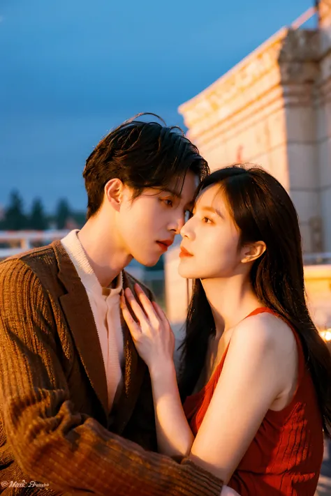 A couple of man and woman are about to kiss passionately, very handsome Korean 29 year old man dark brown hair wearing short vest suit. 23 years old beautiful young woman wearing red sweater and jeans on luxury terrace at night, unaltered real photo clear ...