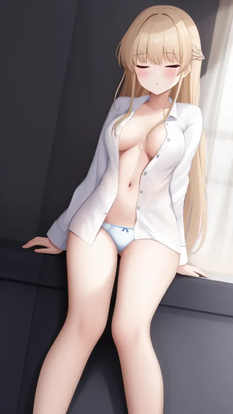 1 girl, underwear, purple hair, thigh, white_underwear,， long_hair, breast,  White pajamas，unbuttoned pajamas，open income，navel，bare belly，eyes closed，eyes closed， exist_Back, In the bedroom, hindquarters, Bangs, split, blush,Lying on exist&#39;s bed，white...