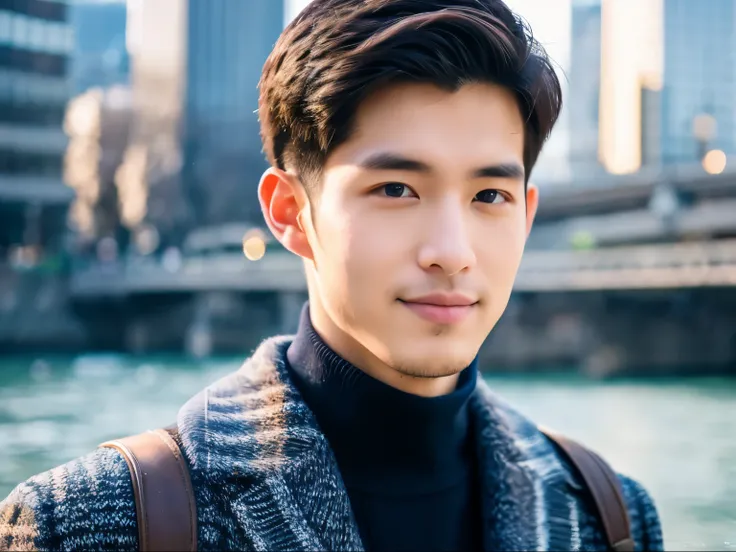 Realism, 8K full body portrait, a handsome guy, 28 year old man,Wearing wool sweaters and jackets. charming expression, Detailed facial details, Cherry blossoms bloom on both sides of the Meguro River.