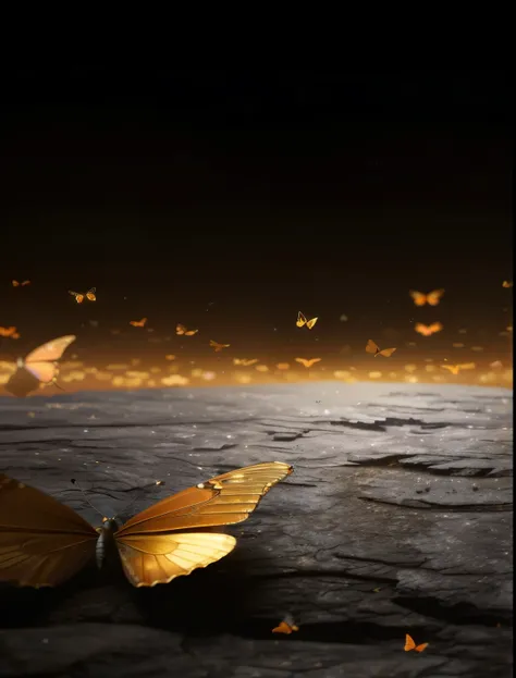 there is a butterfly that is sitting on the ground, golden embers flying, butterflies flying, glowing butterflies, butterflies floating in the sky, fireflies flying, among wonderful golden fireflies, butterfly lighting, butterflies in the foreground, firef...