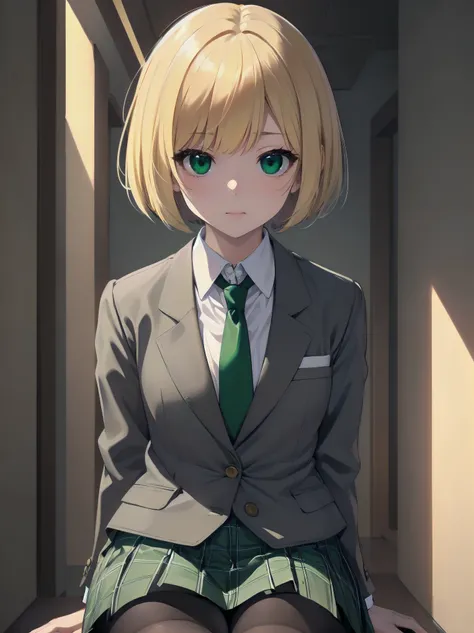 Top-High quality、Highest image quality、masterpiece、high contrast、Elegant、erotic expression、high school girl、blonde、Bob cut braids、uniform、(brown blazer)、ribbon tie、(Green and gray plaid skirt)、(black tights)、cinematic lighting、fine shading、cute、Truly unbel...