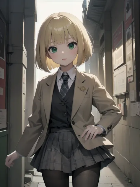 Top-High quality、Highest image quality、masterpiece、high contrast、Elegant、erotic expression、high school girl、blonde、Bob cut braids、uniform、(brown blazer)、ribbon tie、(Green and gray plaid skirt)、(black tights)、cinematic lighting、fine shading、cute、Truly unbel...