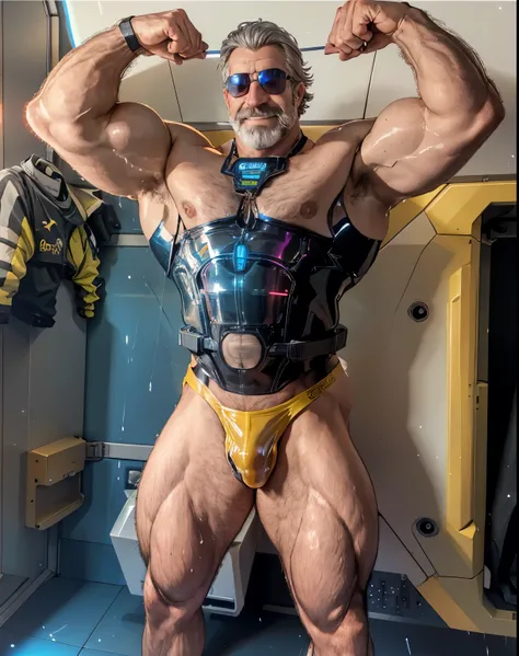 full body portrait, strong burly hairy mature older man(space captain), wearing futuristic captains uniform insignia (neon and black) (open and revealing) (latex) , gray hair, reflective sunglasses (neon yellow rims), broad shoulders, round belly, thick fe...