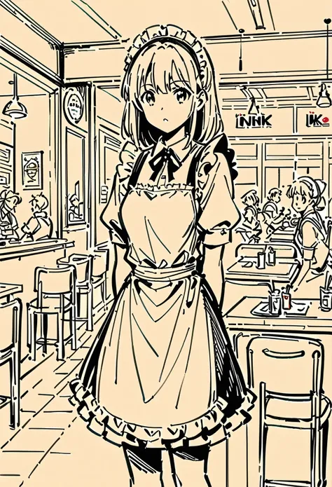 sketch_style, (1 girl,Maid,hands behind her back), solo, ink, sketch,family restaurant,Anime line art