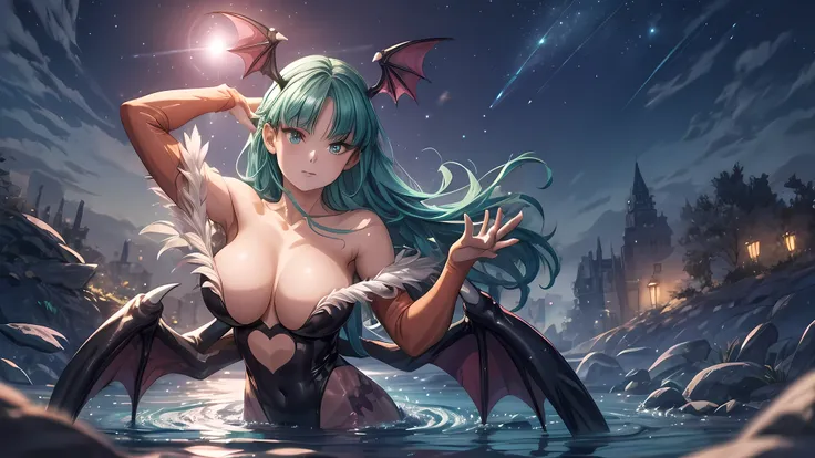 A gorgeous and mature Morrigan is bathing in a river. Its night time and stars burn brightly in the sky, a nebula directly above her in the scene. The water glows with the angelic light of a full moon that hangs in the left part of the sky. Morrigans torso...