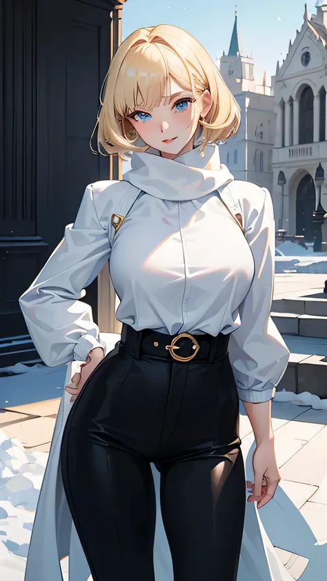 （1woman，Blonde royal sister，masterpiece，8K，bust，best quality，Perfect quality），An adult woman in modern style，tall and big，((hands behind back))，(blonde short hair、White down jacket，Black trousers，White scarf，blue pupils，hands behind back))，Castle with snow...