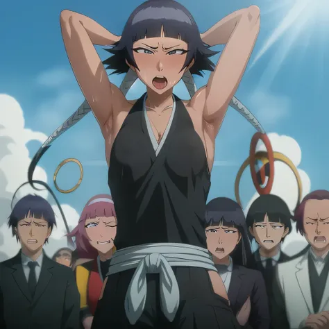 ( Animation screenshots:1.1),outdoor, Nipples exposed, 1 woman, alone, black hair, side breasts,eternal, short hair with long locks, japanese clothing, - Hip vents, no underwear,short hair, small breasts, (white eyes:1.1),No eyeballs, Also available in bla...