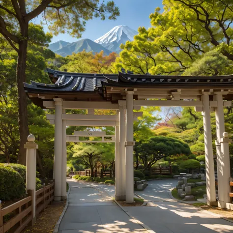 An area with trees with Japanese style white leaves, walkway, falling leaves, Japanese arch decorating the walkway, mountains around the place, sunny day,HDR, ultra resolution, well defined, masterpiece, 8K HD.
