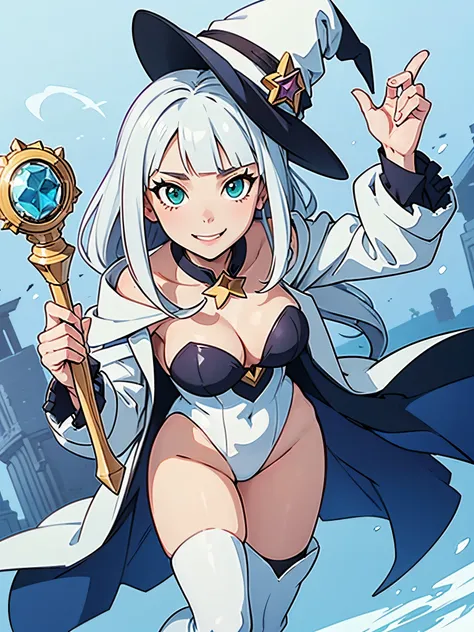 a cartoon of a woman dressed in a superhero costume holding a wand, witch academia, superhero sorceress witch, glamorous angewoman digimon, sky witch, by Aguri Uchida, maya ali as an ice mage, white tuxedo, leotard, solid white leotard with florescent blue...