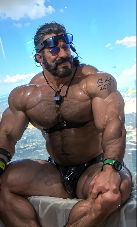 full body portrait, strong burly hairy mature older man(space captain), wearing futuristic captains uniform insignia (neon and black) (open and revealing) (latex) , gray hair, reflective sunglasses (neon yellow rims), broad shoulders, round belly, thick fe...