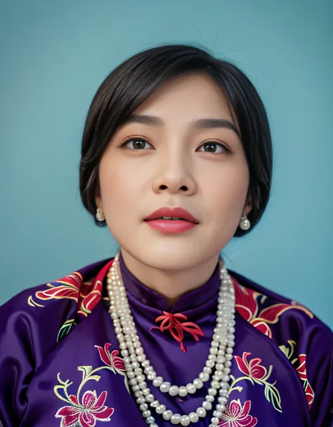 Highly realistic photo, ((masterpiece), (best quality), (raw photo), (photorealistic:1.4), Portrait of Vietnamese woman, (40 years old), ((black short hair)), ((wearing aodai)), pearl necklace, ((pursed lips)), ((Solid blue background)) , photo taken by So...