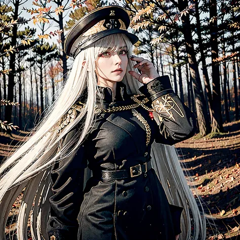 a woman wearing a black gothic style military uniform, black military hat with gold details, iron cross symbol on the military h...