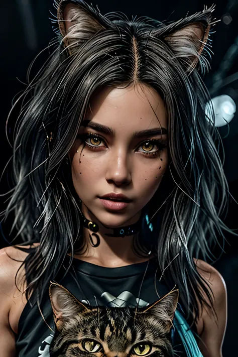 A extremely beautiful sexy woman dressed up like a cat girl, with a cat graphic image shirt, full body shot, black tutu, black high heals, ultra full wavy hair, holding a black whip, whip, professional photo shoot, model beauty, ultra details, ultra beauti...