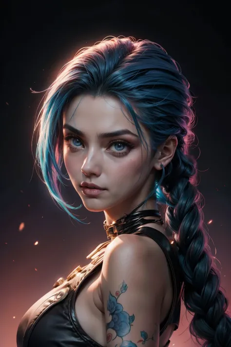 primer plano, de, un, mujer, con, pelo azul, y, blusa negra, portrait of Jinx de Arcano, Jinx de Arcano,  extremadamente detallado, estilo artgerm, placa artgerm, kda, cara de gafe, IG model  chica con cabello azul trenzado, Gafe, arcano. Gafe. En tercera ...