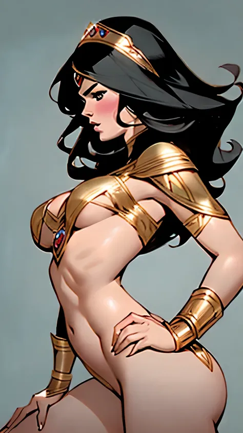 Marvel Comics, (emote:1), Kate Upton dressed as Dejah Thoris, by Frank cho and HR Geiger, barsoom, (sexy), black hair, ornate diadem, nearly naked, (1girl:1), Gray background, (NSFW),