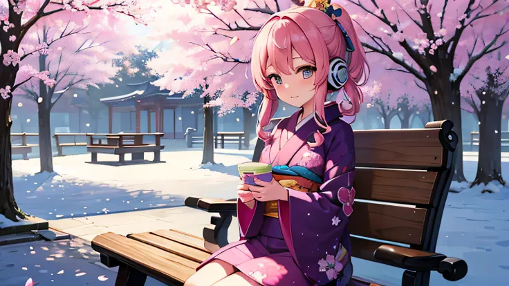 A beautiful girl wearing a kimono is listening to music on a bench in the park with headphones　The cherry blossoms in the park are in full bloom and the cherry blossom snowstorm is waiting for you.　Japanese anime style