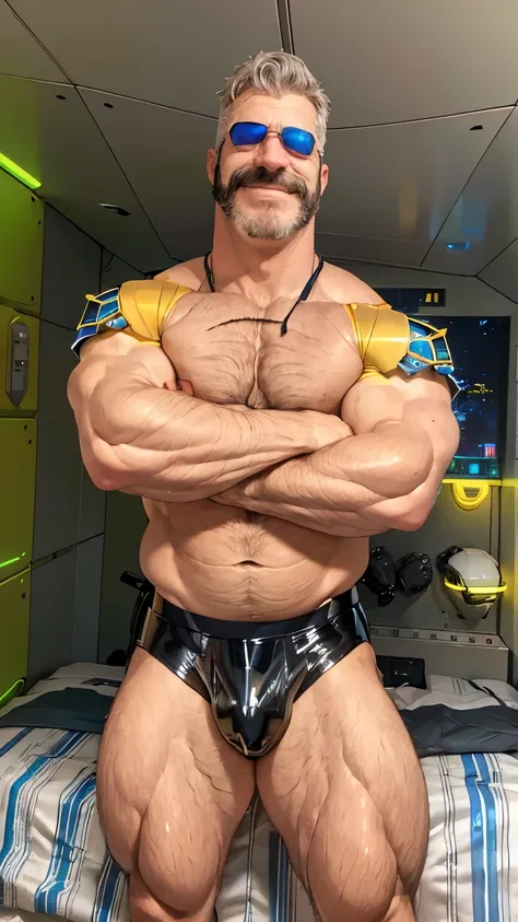 full body portrait, strong burly hairy mature older man(space captain), wearing futuristic captains uniform insignia (neon and black) (open and revealing) (latex) , gray hair, reflective sunglasses (neon yellow rims), broad shoulders, round belly, thick fe...