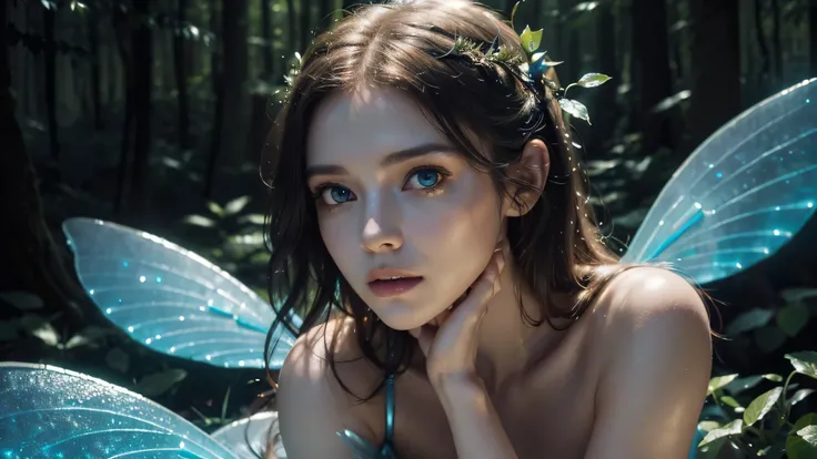 roseleslie woman as a fairy,(highly detailed:1.2),(best quality:1.2),(8k:1.2),sharp focus,(subsurface scattering:1.1),award-winning photograph,professional portrait photography,(close shot:1.1) (glowing bioluminescent forest:1.2),iridescent fairy wings,sul...