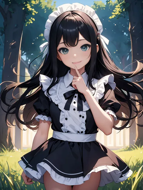 top-quality、​8K Masterpiece、Draw the face in detail、1 childish girl、maid costume、kawaii pose、professional lighting、Happy expression、Shiny black hair、perfect anatomy、In a green meadow