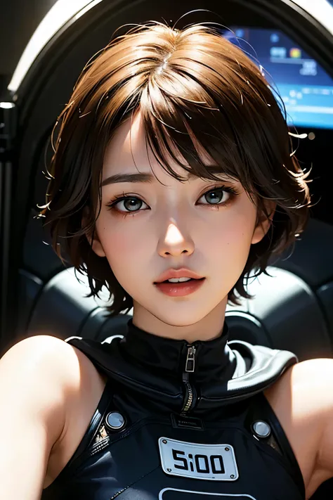 highest quality、masterpiece、ultra high resolution、(real:1.4)、Beautiful woman１、Beautiful details of eyes and skin、light brown short cut hair、small smile、Full space suit、space station、spaceship、Remains、cloudy sky、Sci-Fi Taste、film grain、