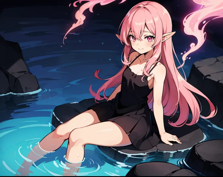 (high-quality, breathtaking),(expressive eyes, perfect face) anime girl with pink hair and black dress sitting on a rock, small ...