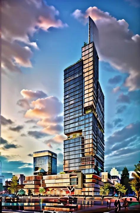 luxury glass office building, luxury shopping mall at podium, (glass facade with high reflection:1.2), (sunset time:1.2), plenty...