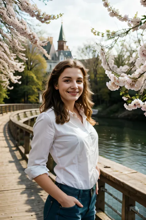 Happy, Freizeit, Portrait of a young woman on a bridge, Spring, 4k, HD,