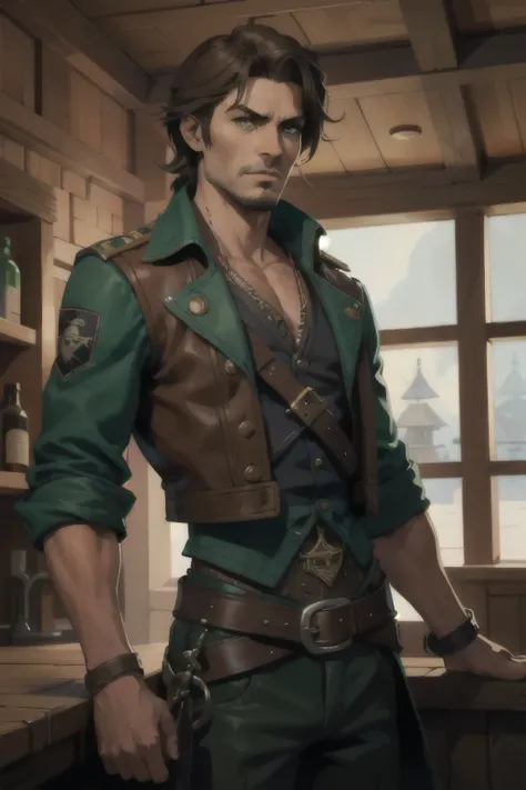 1 man, pirate, in a tavern, stand up, stoic, brown hair, leather, green eyes, (atmosphere), coherent, continuity, epic, sharp lines, (brushed colors)
