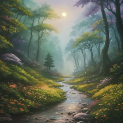 A creek in the forest with flowers and trees, Beautiful art ultra hd 4k, fantasy forest landscape, Detailed 4k, magical scenery, magical fantasy forest, fantasy forest landscape at day, Fantasy landscape painting, Beautiful digital painting, Whimsical fant...