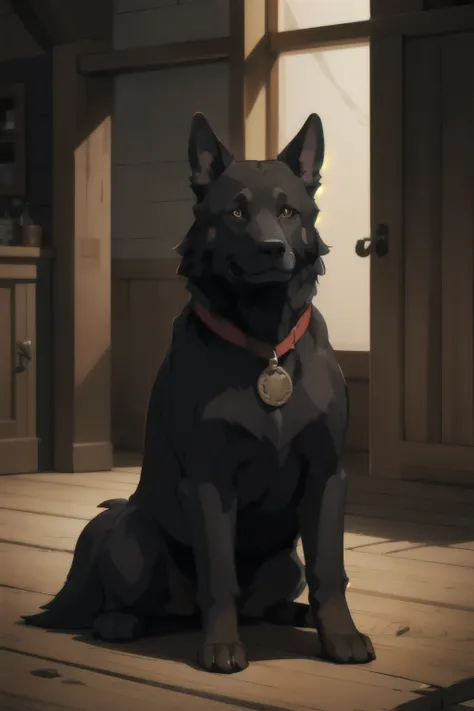 1 pet dog, in a tavern, German shepherd, black and brown, (atmosphere), coherent, continuity, epic, sharp lines, (brushed colors)
