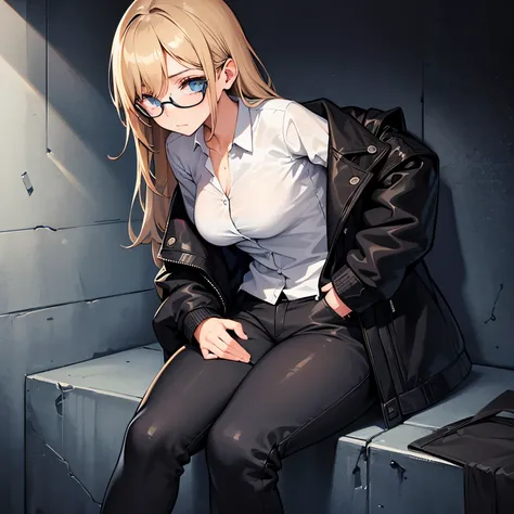 Beautiful girl in dirty black jacket sitting in a corner with scientist glasses a little torn and dirty pants