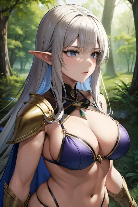 Xanthippe，a woman，女Elf，Elf，pointed ears，bikini armor，Iron armor，warrioghter，female general，Strong body，Strong muscles，In the middle of the forest