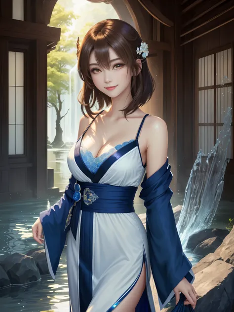 masterpiece , best quality,smile,smile,small face,shoulder exposure,golden kimono,A little cleavage exposure,double eyes,Beauty,beautiful woman,beautiful girl,Stand firmly on both feet,charm,adult,lure,Big eyes,light brown hair,Mysterious世界,god of water殿,i...