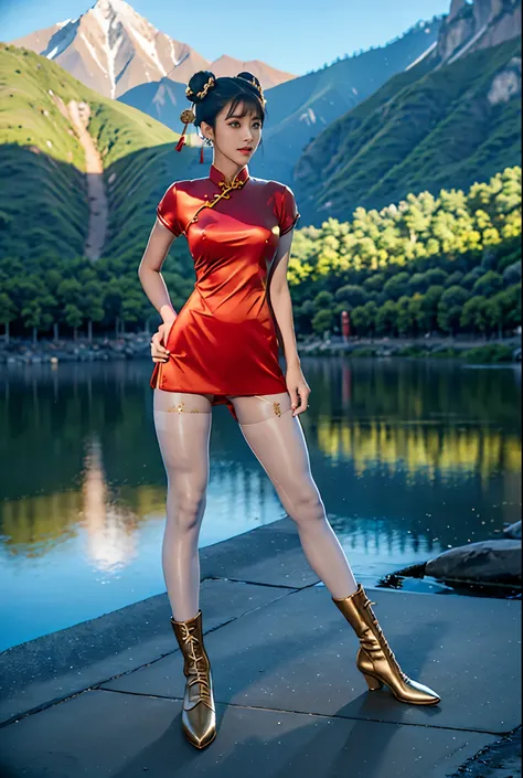 Chun-Li from Street Fight II, perfect Chun li costume, (Red cheongsam with gold lines:1.3), Bunhead, bun cover, hands on hips, masterpiece、1 beautiful girl、fine eyes、puffy eyes、highest quality, 超High resolution, (reality: 1.4), movie lighting、Japanese、asia...