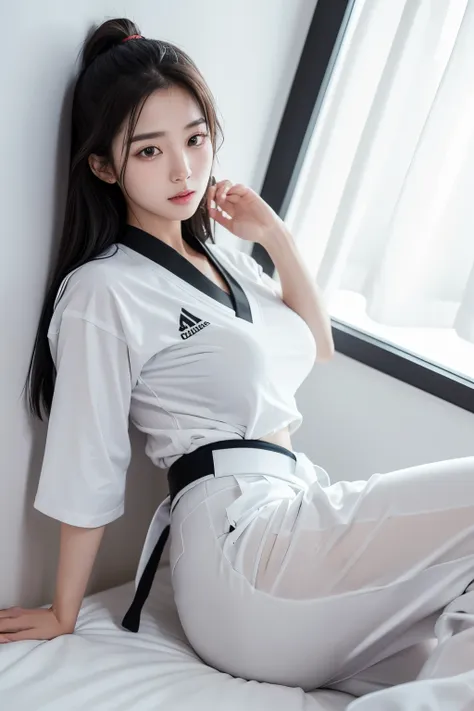 masterpiece, ultra details, best quality, 1 korean taekwondo girl, masterpiece, ultra details, best quality, black long straight hair, wearing sweaty white World Taekwondo Federation dobok uniform with black v-neck, wearing taekwondo blackbelt, wearing whi...