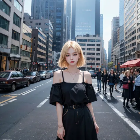 street style photo of a grunge style woman in the streets of 1990 manhattan standing in front of a sliver high rise building, bl...