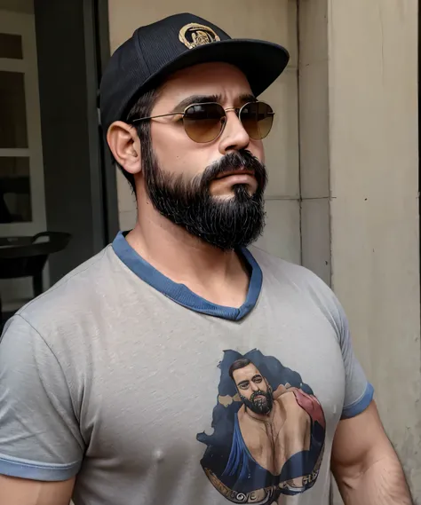 Masterpiece, Parte superior del cuerpo, 38 year old man with beard and sunglasses. Hombre vistiendo playera negra y gorra, Comiendo en la calle , muy hermoso. Super polished and cool, plano medio de un guapo.