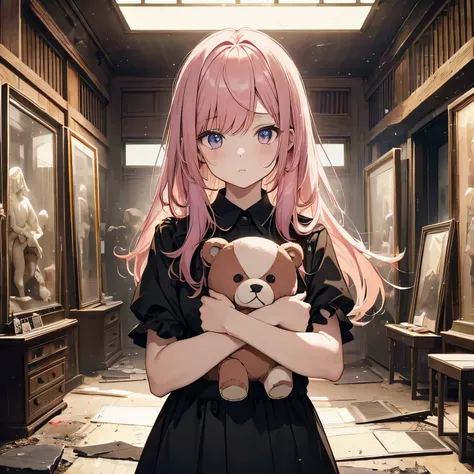 (high quality) (4k) (better quality) 1 girl, pink hair , face focus, long hair, Fringe Sidelock, I was scared,(scared:1.1) Performance, holding a teddy bear, atmosphere lighting, Moody, darkness, In an old museum in ruins, The clear glass showcase is fille...