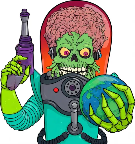 Cartoon illustration of a zombie holding a gun and a globe, mars attack, when mars attack, alien astronaut, fleshy-robot-zombie, space horror, Cosmic horror illustration, zombie, Portrait of an astronaut skeleton, Psychedelic Cosmic Horror, Android Jones a...