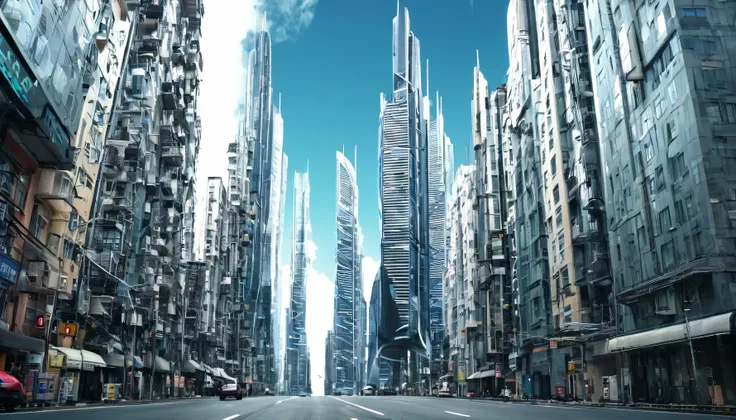 futuristic city streets with mile high sky scraper, many futurist style buildings, long narrow street, wide shot from below.