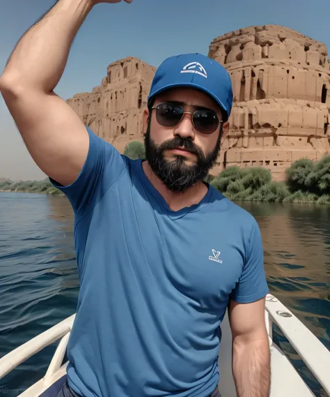 Parte superior del cuerpo, 38 year old man with beard and sunglasses. Hombre vistiendo playera azul y gorra, sailing on the Nile River.