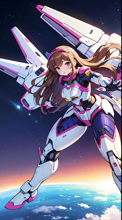 RAW, Masterpiece, Ultra Fine Photo,, Best Quality, Ultra High Resolution, Photorealistic, Sunlight, Full Body Portrait, Stunningly Beautiful,, Dynamic Poses, Delicate Face, Vibrant Eyes, (Side View) a close up of a woman in a pink and white gundam custume,...