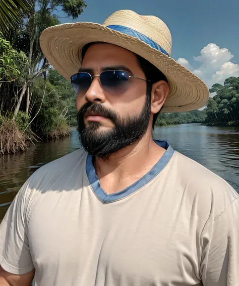 Parte superior del cuerpo, 38 year old man with beard and sunglasses. Hombre vistiendo playera blanca y sombrero , sailing on the Amazon River .