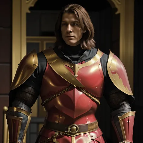 Muscular knight wearing red and black armour and a golden cloak