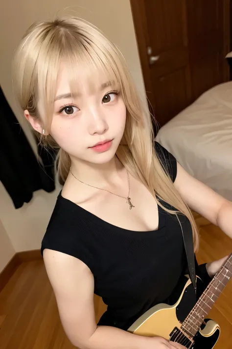 Japanese blonde girl Bangya Wearing a black jersey Perfect face masterpiece), (highest quality), (become familiar with), light layer, Glossy skin, From above, blonde, necklace long hair, princess cut, woman, dull bangs, side lock, side ponytail (simple roo...