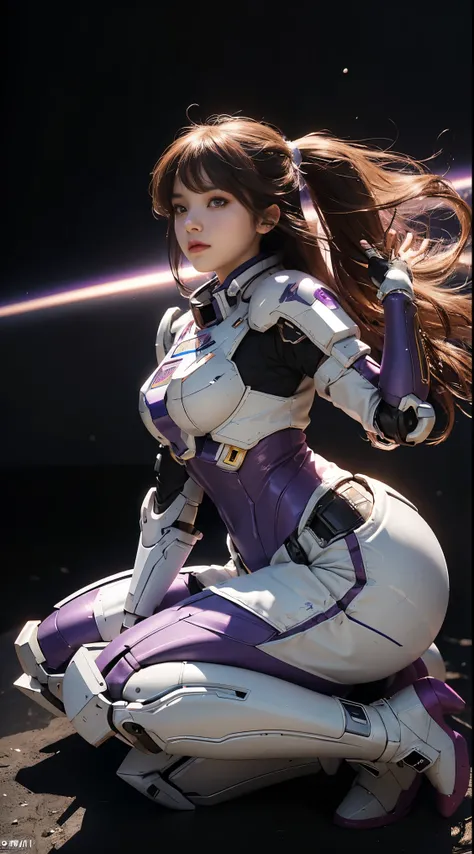 RAW, Masterpiece, Ultra Fine Photo,, Best Quality, Ultra High Resolution, Photorealistic, Sunlight, Full Body Portrait, Stunningly Beautiful,, Dynamic Poses, Delicate Face, Vibrant Eyes, (Side View) a close up of a woman in a pink and white gundam custume,...