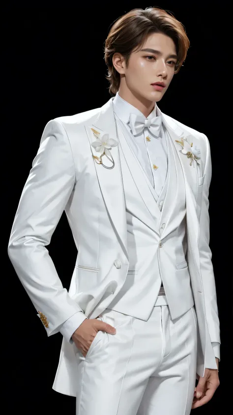 idol，fashion icon， handsome guy， Idol， Special neckline， White floral embellishment， white suit, clear clothing design, Full body close-up, white pants, Full body shots in super detail，