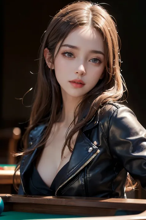 1 girl, A beautiful woman playing billiards, Exquisite eyes,beautiful and delicate lips,very detailed 눈과 얼굴,long eyelashes, white hippie hair, enchanted scenery,(best quality,4K,8 thousand,high resolution,masterpiece:1.2),very detailed,(realistic,realistic...