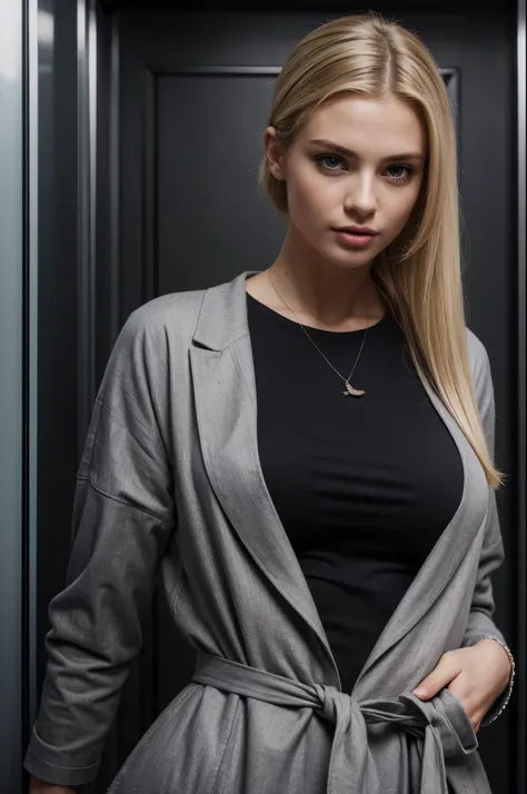 masterpiece, best quality, extremely detailed, hyperrealistic, photorealistic, a beautiful 20s french model, in ultra detailed elevator, in the midnight:1.1, finger pointing, darkgray overcoat:1.2, t-shirt, ultra detailed face, lower ponytail, blonde hair,...